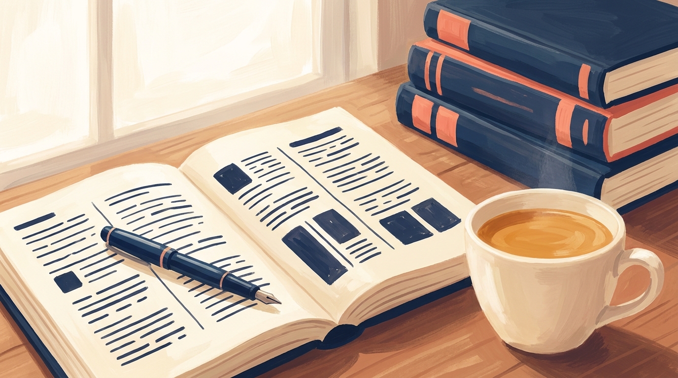 An open notebook on a wooden desk showing two columns of handwriting, a navy fountain pen resting on the left page, a cup of coffee and a stack of navy books with coral spine bands beside it.