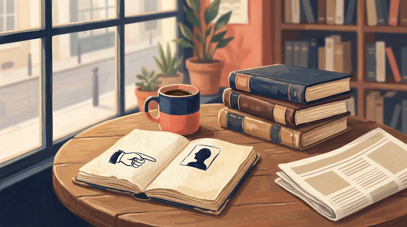 An open notebook on a round café table showing a small drawing of a pointing hand on one page and a dark profile silhouette on the other, beside a coffee mug, a stack of old leather-bound novels and a folded newspaper.