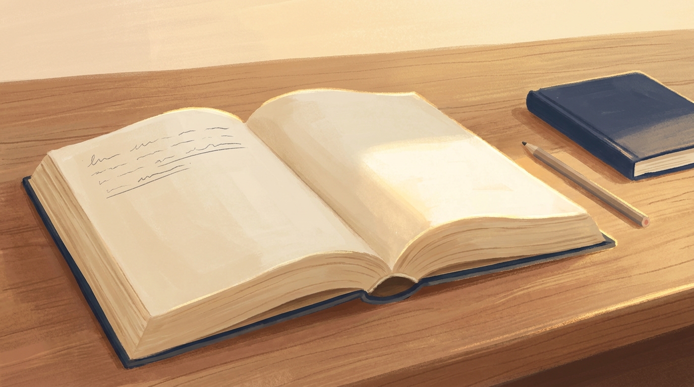 An open French book on a wooden desk in afternoon light, a few lines on the left page underlined in pencil, a notebook and pencil beside it.