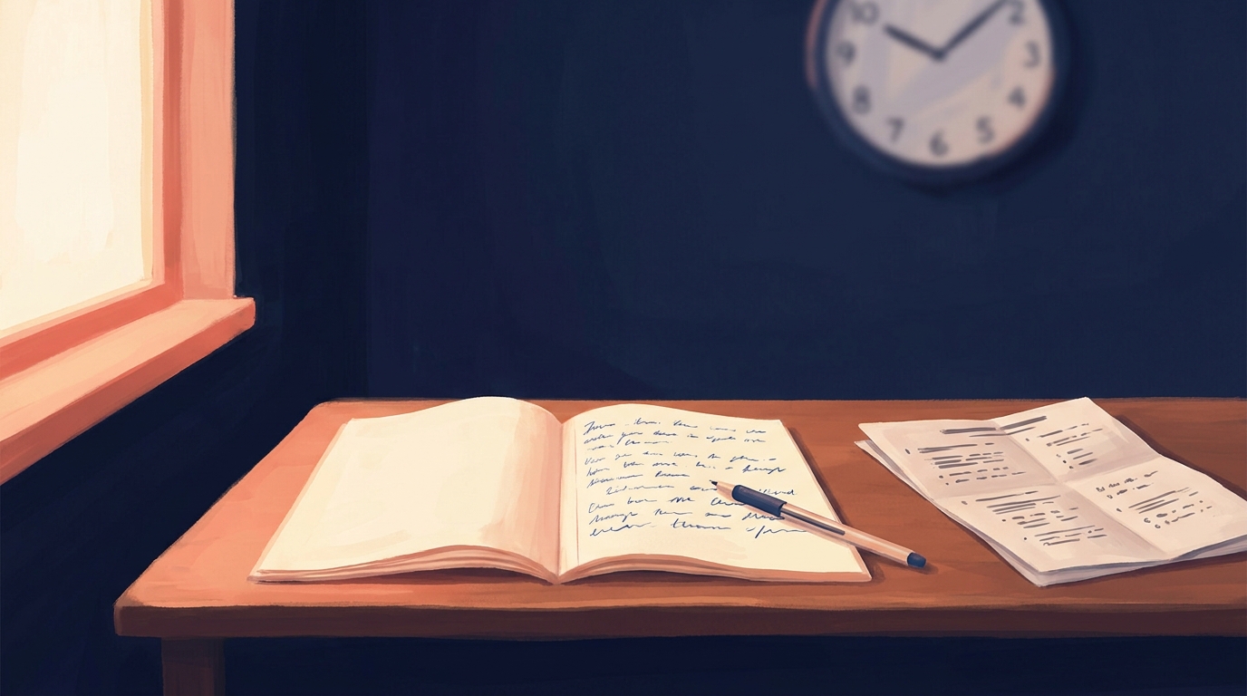 A candidate's desk during a written French exam, an answer booklet and a pen beside a printed question sheet, a clock on the wall out of focus behind.