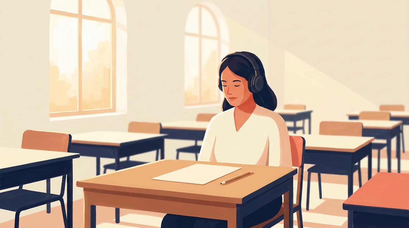 A candidate seated at an exam desk in a bright hall, headphones on and an answer sheet in front, rows of empty desks receding behind.