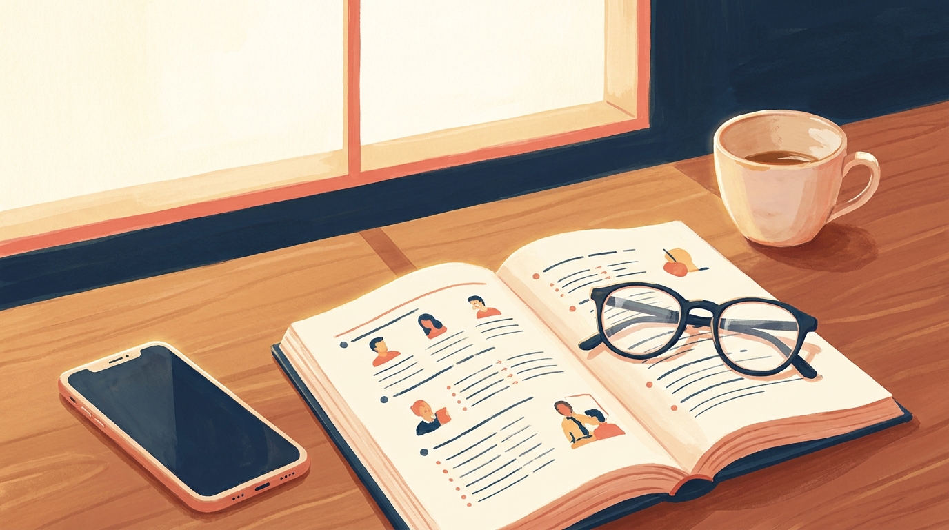 A smartphone with a dark, switched-off screen lying on a wooden desk beside an open French textbook, reading glasses and a cup of coffee, morning light from a window.