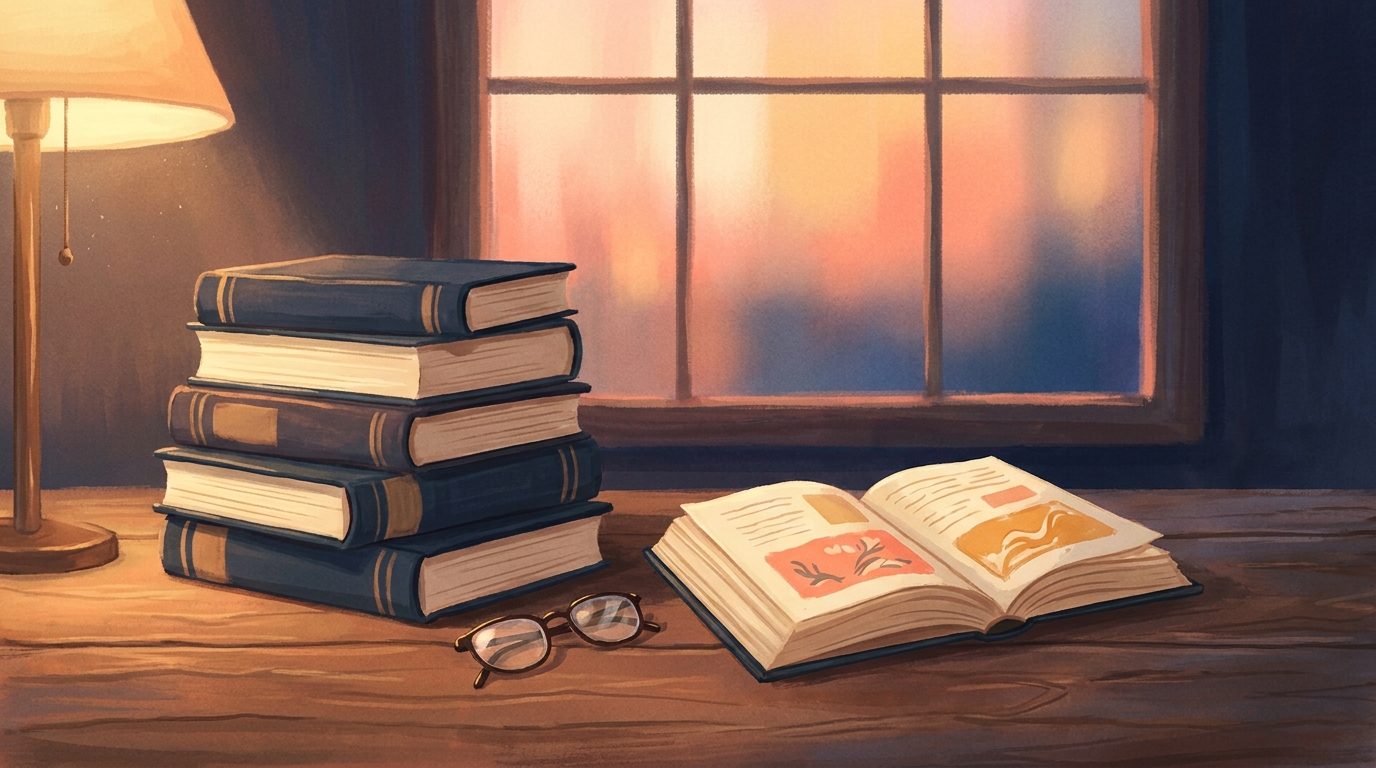 A stack of five cloth-bound navy books on a wooden table beside an open illustrated volume and a pair of reading glasses, a lit lamp on the left and a window showing a sunset behind.