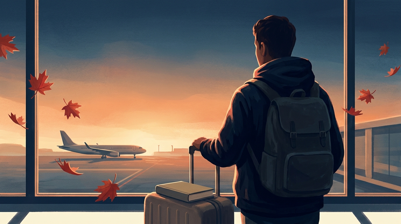 A traveller with a backpack, seen from behind, stands at an airport window at dawn beside a suitcase with a closed book on top, red maple leaves drifting past and a plane waiting on the tarmac.
