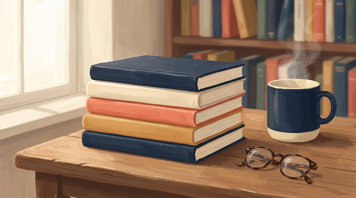 A stack of slim paperback books on a wooden table beside a mug and a pair of reading glasses, soft daylight from a window on the left.