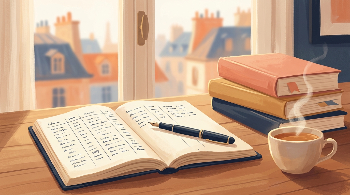 An open French grammar notebook on a wooden table with verb conjugations written out by hand, next to a pen and a cup of tea.