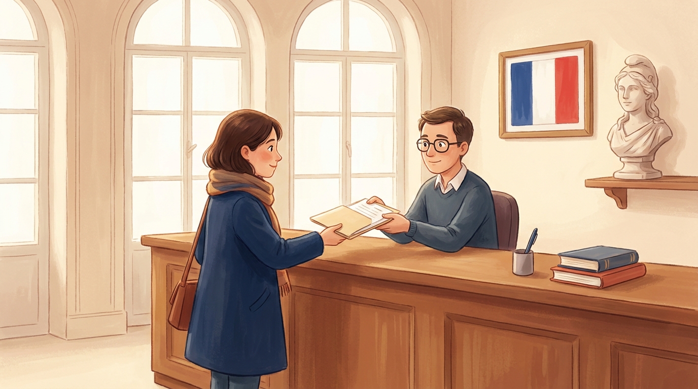 An applicant handing a folder of documents across a préfecture counter, a French flag and a Marianne bust on the wall behind.