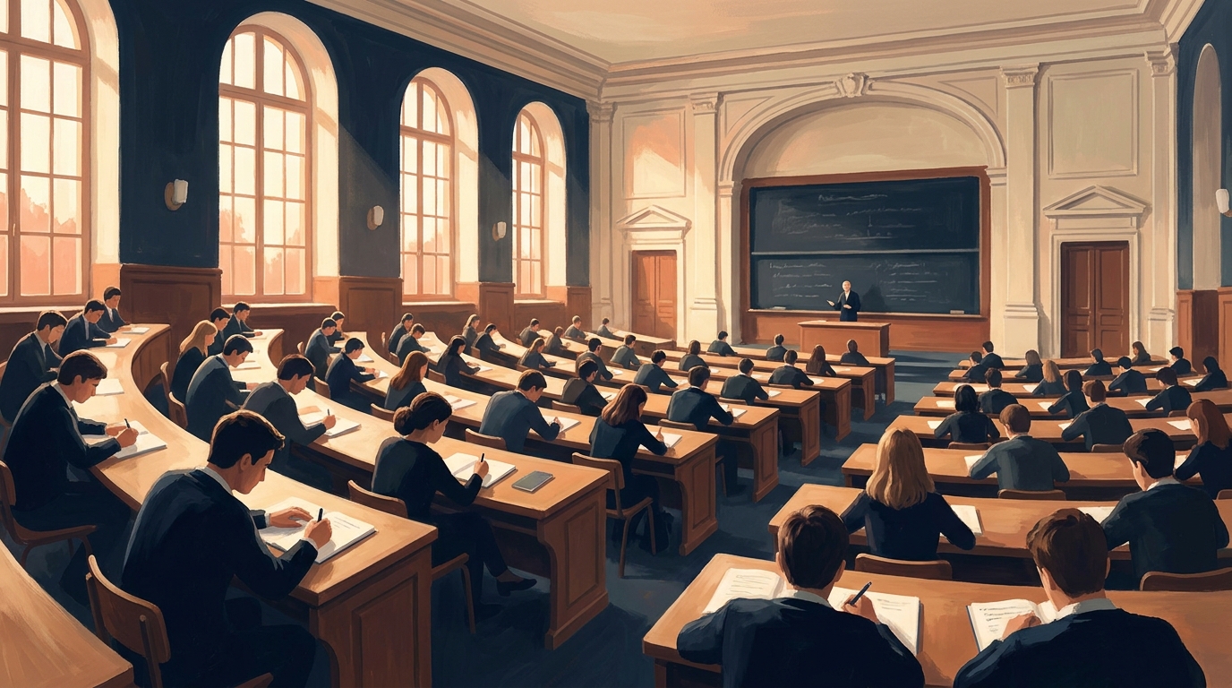 A French university lecture hall seen from the back rows, students taking notes at long wooden desks under tall arched windows, a lecturer at the blackboard in the distance.