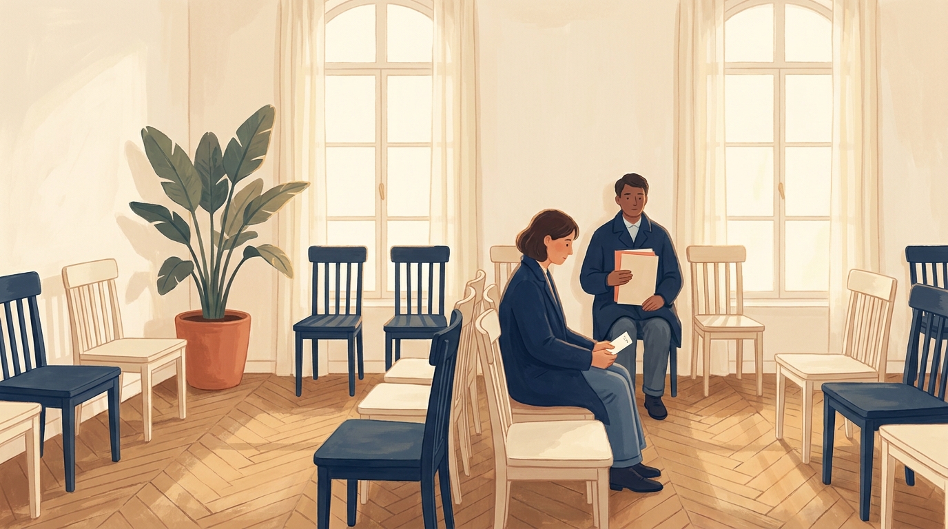 A waiting room at a French préfecture with a numbered ticket in hand, rows of chairs and a tall window letting in pale morning light.