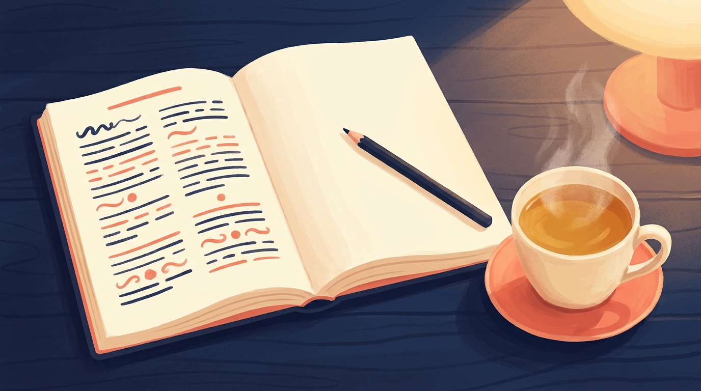 An open notebook lying on a dark blue wooden desk, its left page filled with two columns of handwritten notes, a pencil resting on the blank right page beside a cup of tea and a lit lamp.