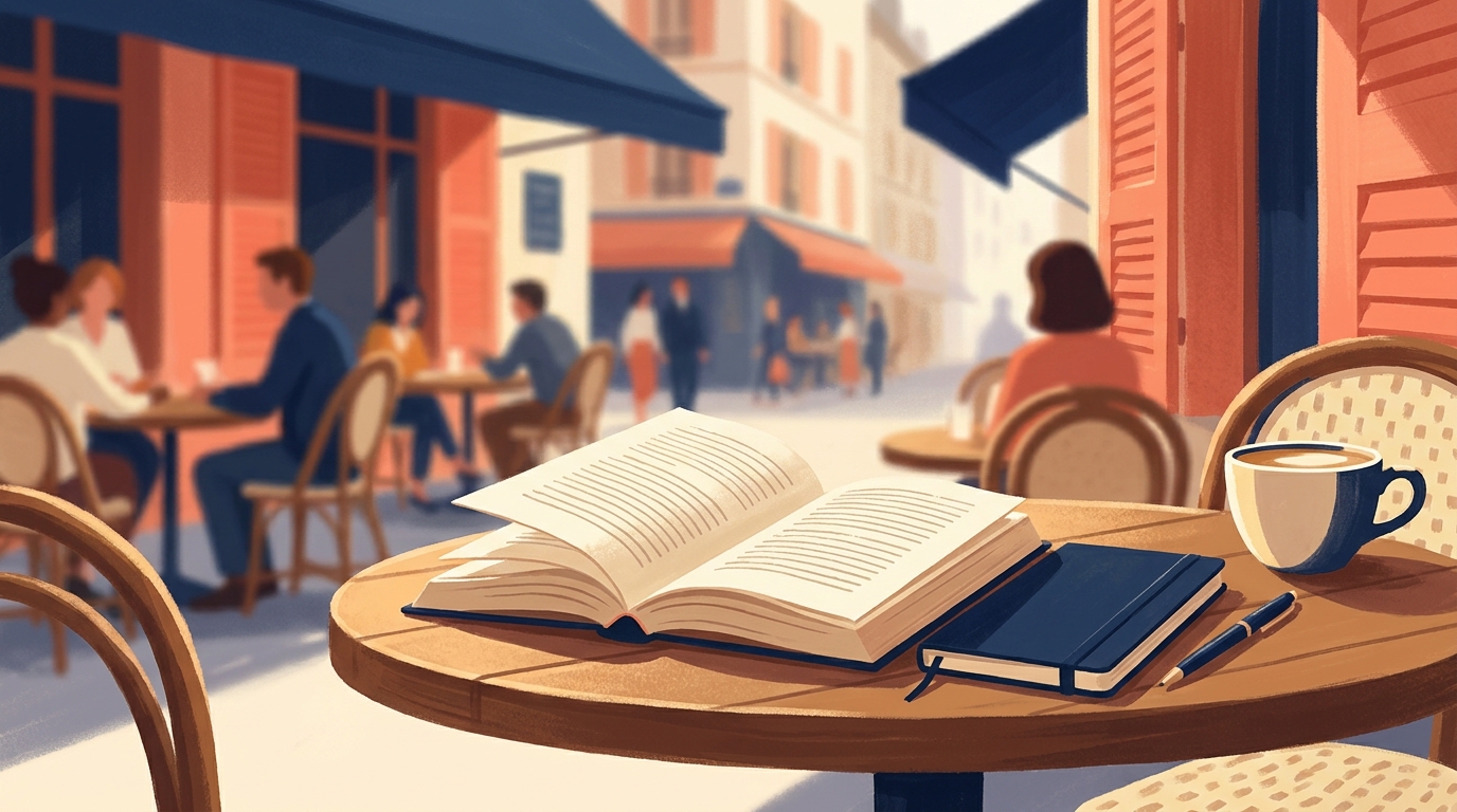 An open book resting on a round café table on a French street terrace, next to a closed navy notebook, a pen and a cup of coffee, with other customers and coral shutters blurred behind.