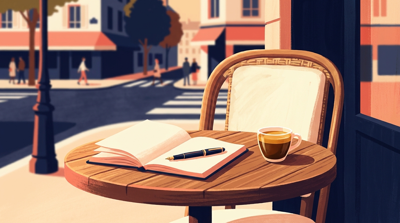 An open notebook and a fountain pen on a café table beside a small espresso cup, warm afternoon light across the wooden surface.