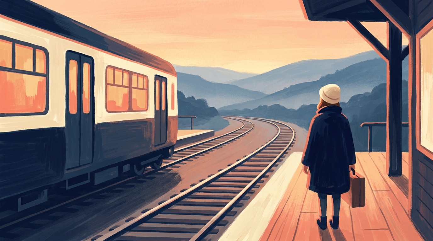 A traveller in a navy coat and cream hat stands with a small suitcase on a wooden railway platform at sunrise, watching a train pull in while the empty tracks curve away towards misty blue hills under a coral sky.