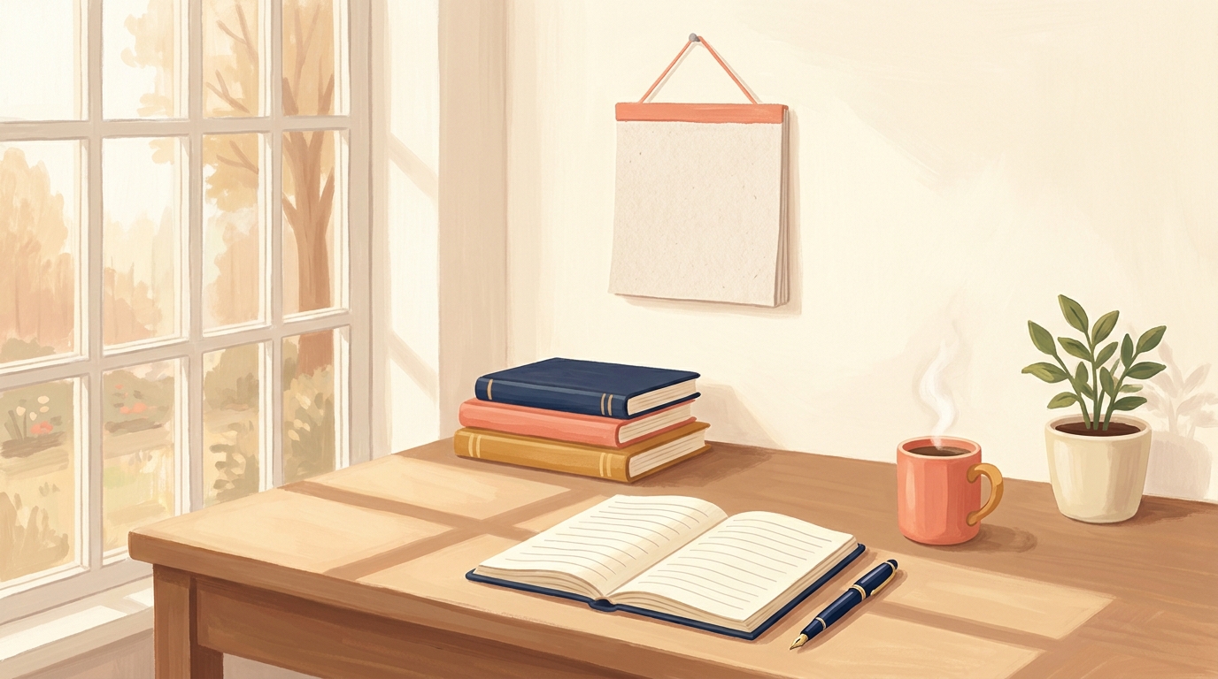 A desk by a window with an open French notebook, a calendar and a cup of coffee, morning light.