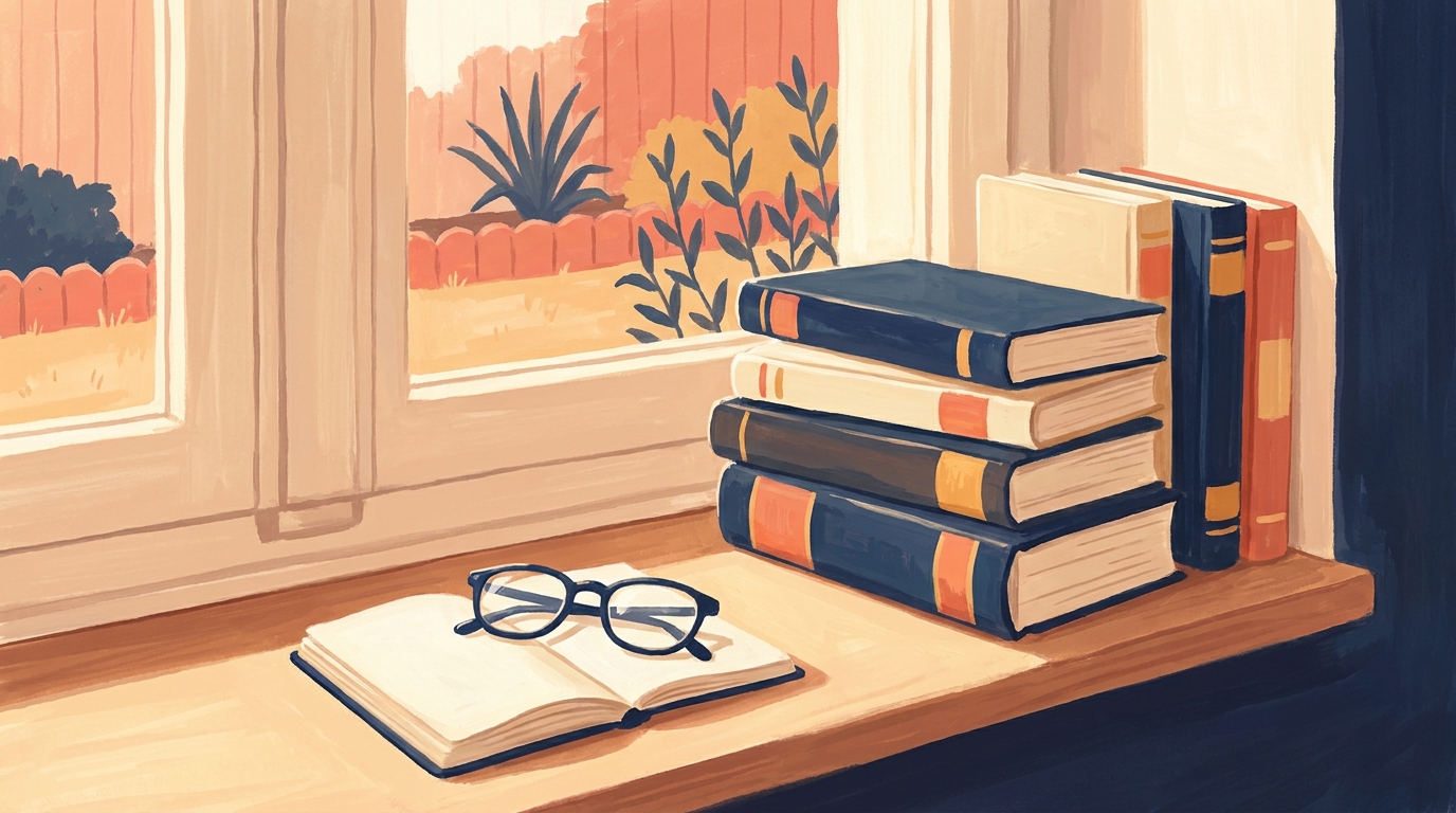 A sunlit windowsill holding a stack of navy and cream books beside an open book with a pair of reading glasses resting on its pages, a garden visible through the window.