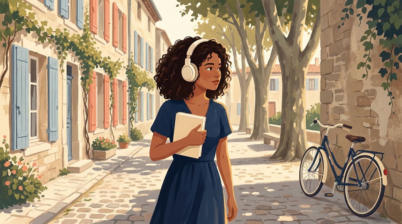 A young woman walking along a cobbled street in a French village with headphones on and a book under her arm, pastel shutters and plane trees behind her.