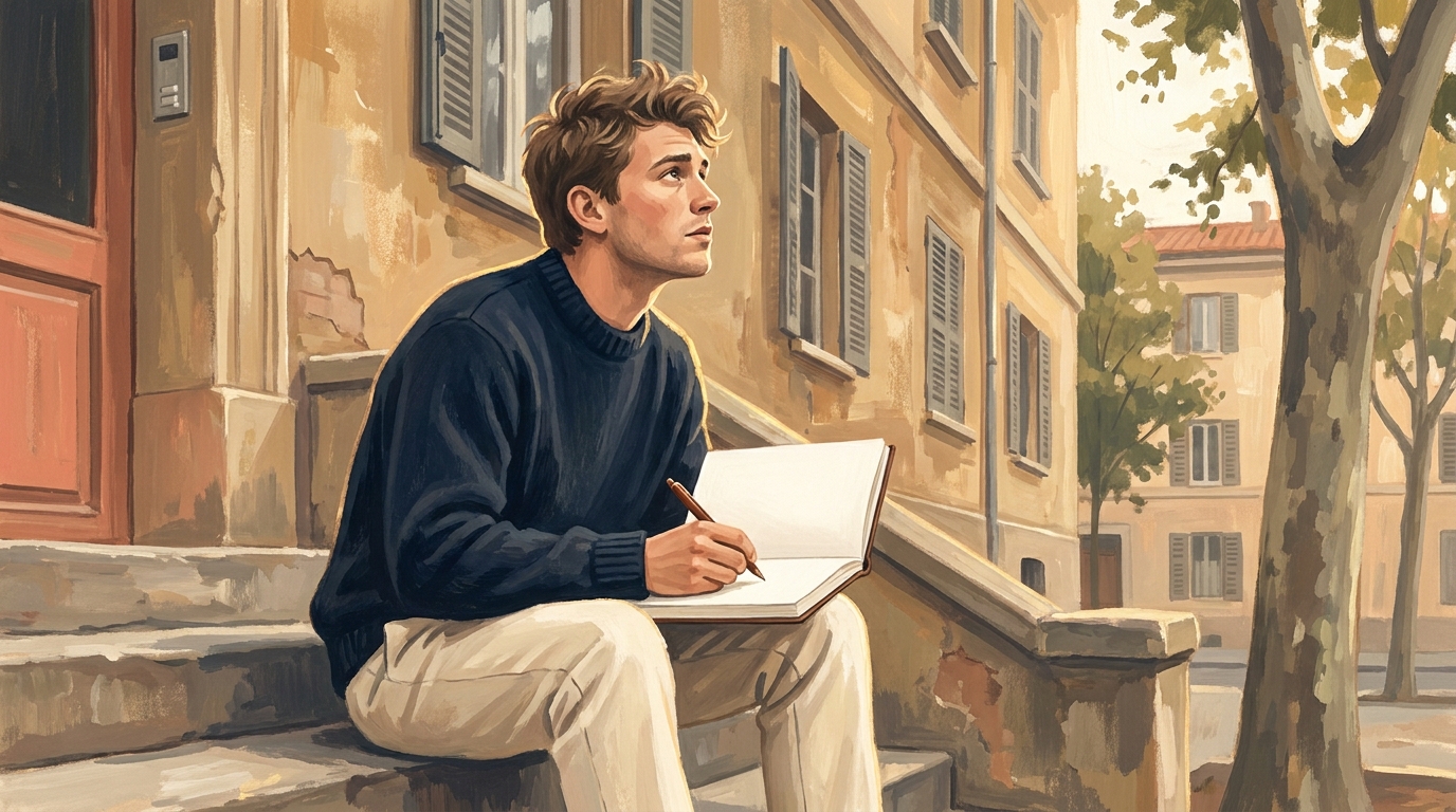 A person sitting on the steps of a stone building with an open notebook on their knees, looking up thoughtfully, plane trees and shuttered windows behind.