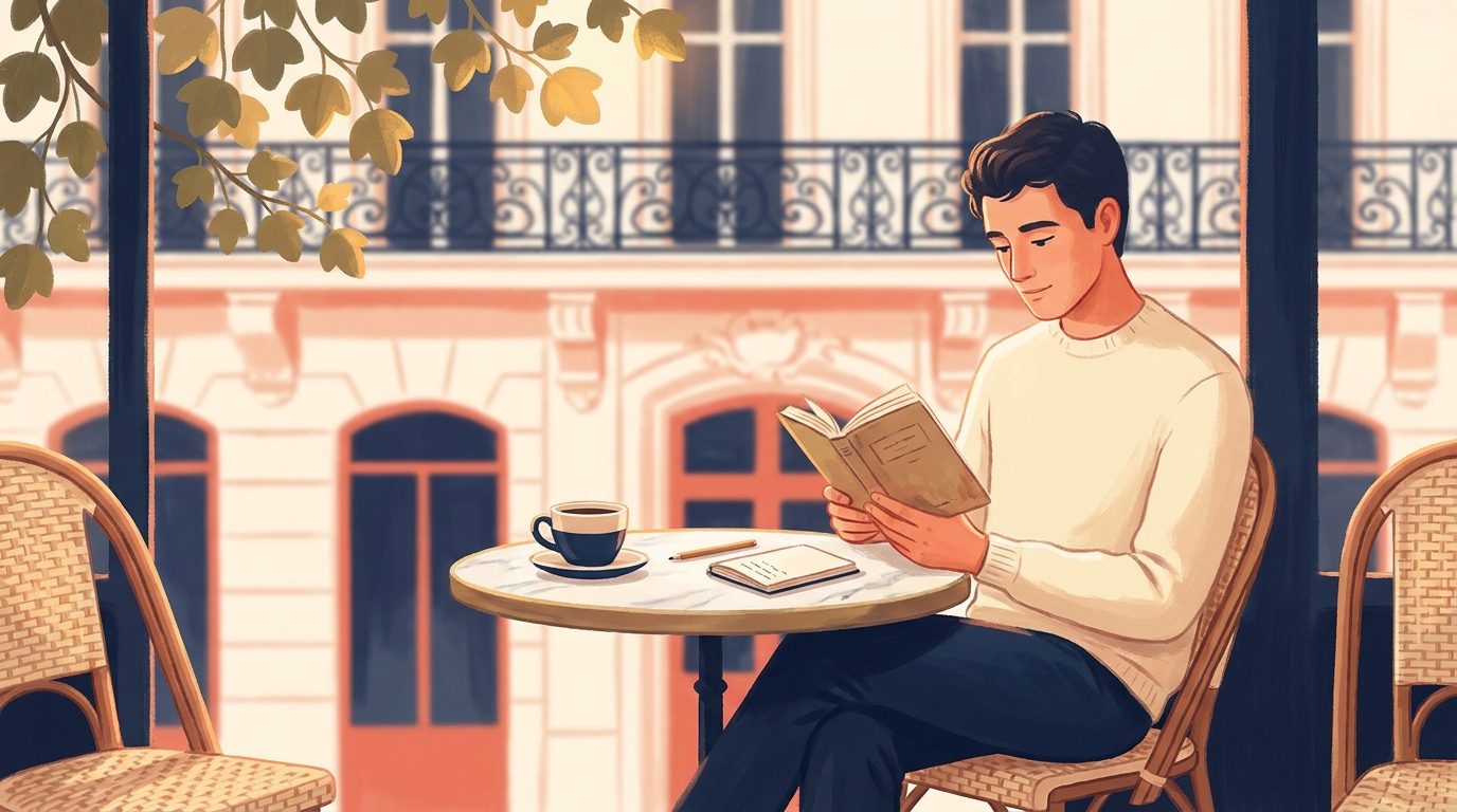 A reader on a Paris café terrace with a French paperback and a notebook, afternoon light on the table.