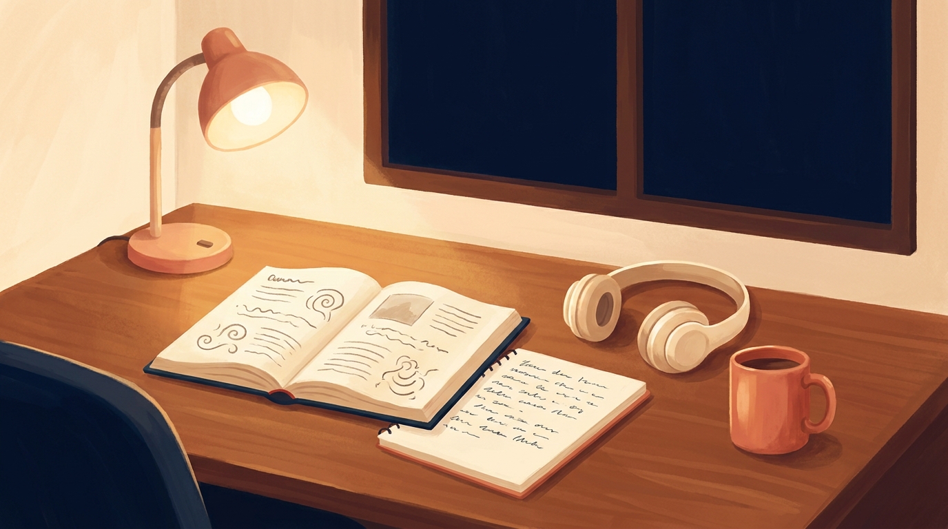 A home study desk with a French grammar book open, a notebook of handwritten notes, headphones and a mug, warm lamplight in the evening.
