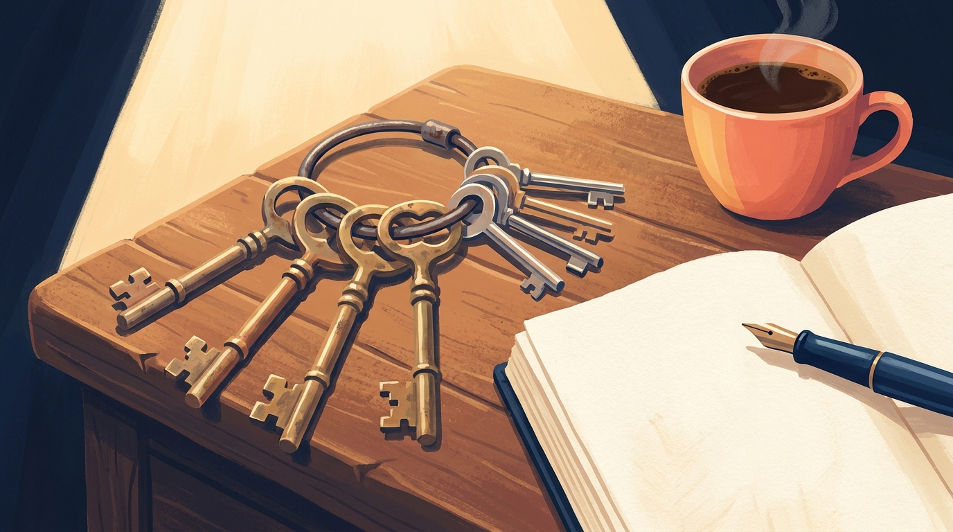 A ring of old keys on a worn wooden desk, four large brass keys in front and several smaller silver keys behind, beside an open blank notebook with a navy fountain pen and a steaming coral cup under warm lamp light.