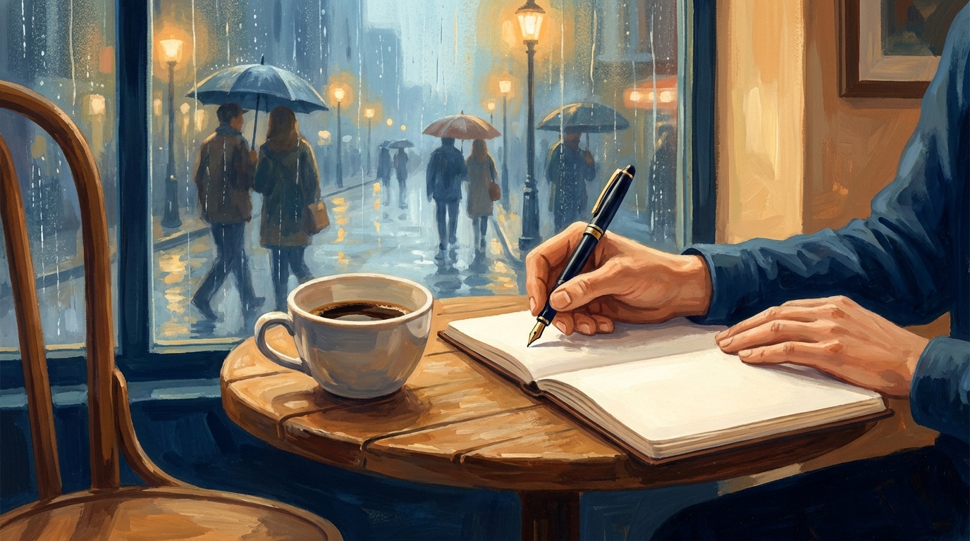 A hand writing in a notebook at a café table, a half-drunk coffee beside it, a rainy street visible through the window behind.