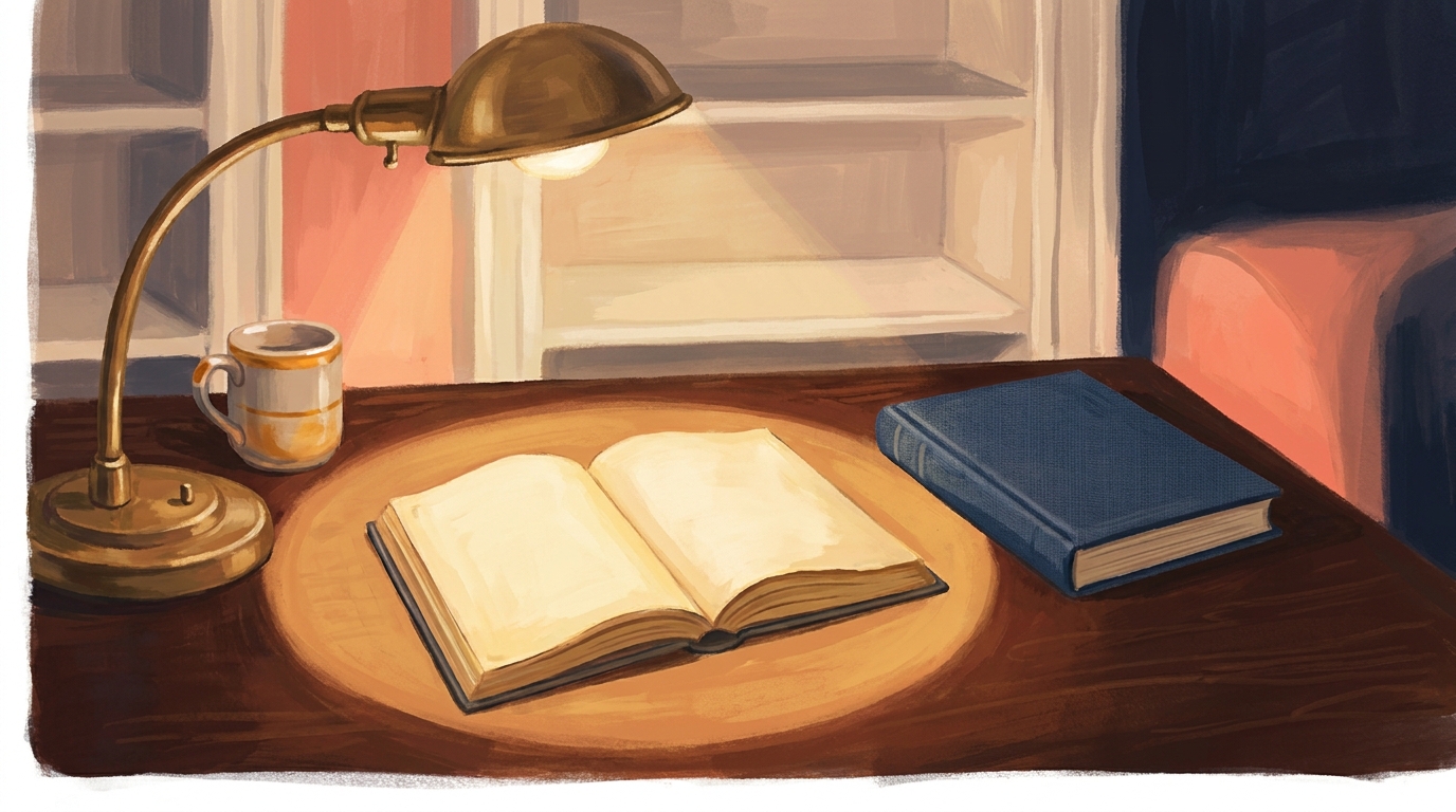 An open book with yellowed pages lying in the pool of light from a brass desk lamp on a dark wooden desk, a closed navy clothbound volume and a striped mug of coffee beside it, bookshelves behind.