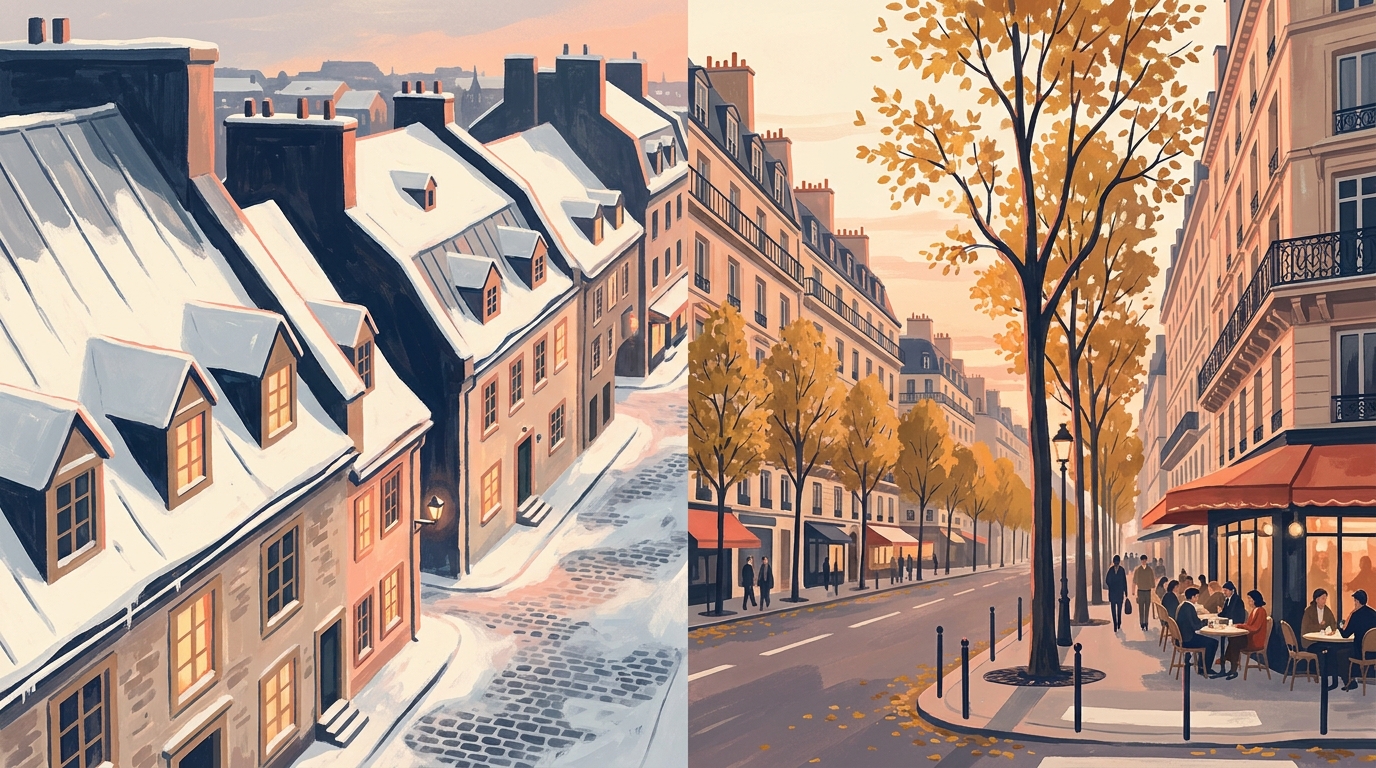 A split winter scene of old Quebec City rooftops under snow beside a Paris boulevard in autumn, both in warm evening light.