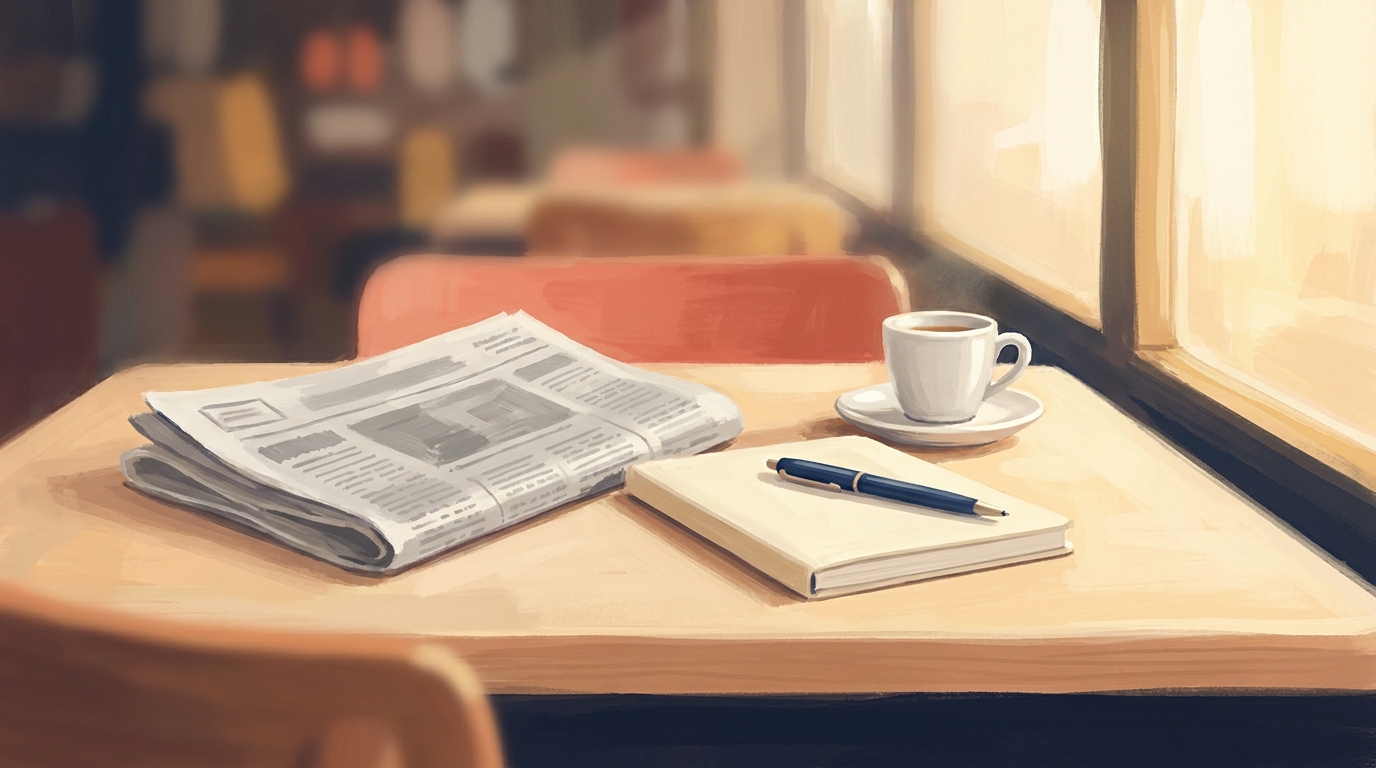 A folded newspaper lying on a pale wooden café table beside a closed cream notebook with a navy pen and a small white cup of coffee, warm morning light coming through a window on the right.