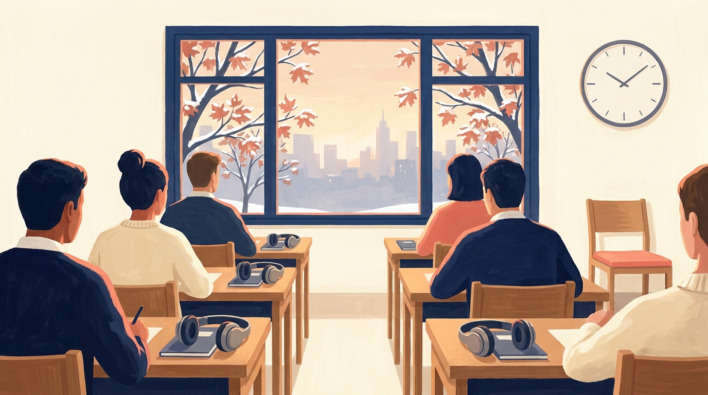Candidates seen from behind at wooden desks with headphones and closed booklets, in a quiet test room whose window looks out on snowy maple trees and a city skyline.