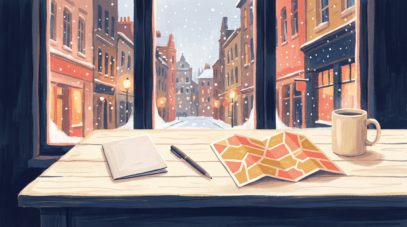 A wooden table by a window holding a small closed booklet, a pen, a folded paper map and a mug of coffee, looking out onto a snowy street of colourful townhouses.