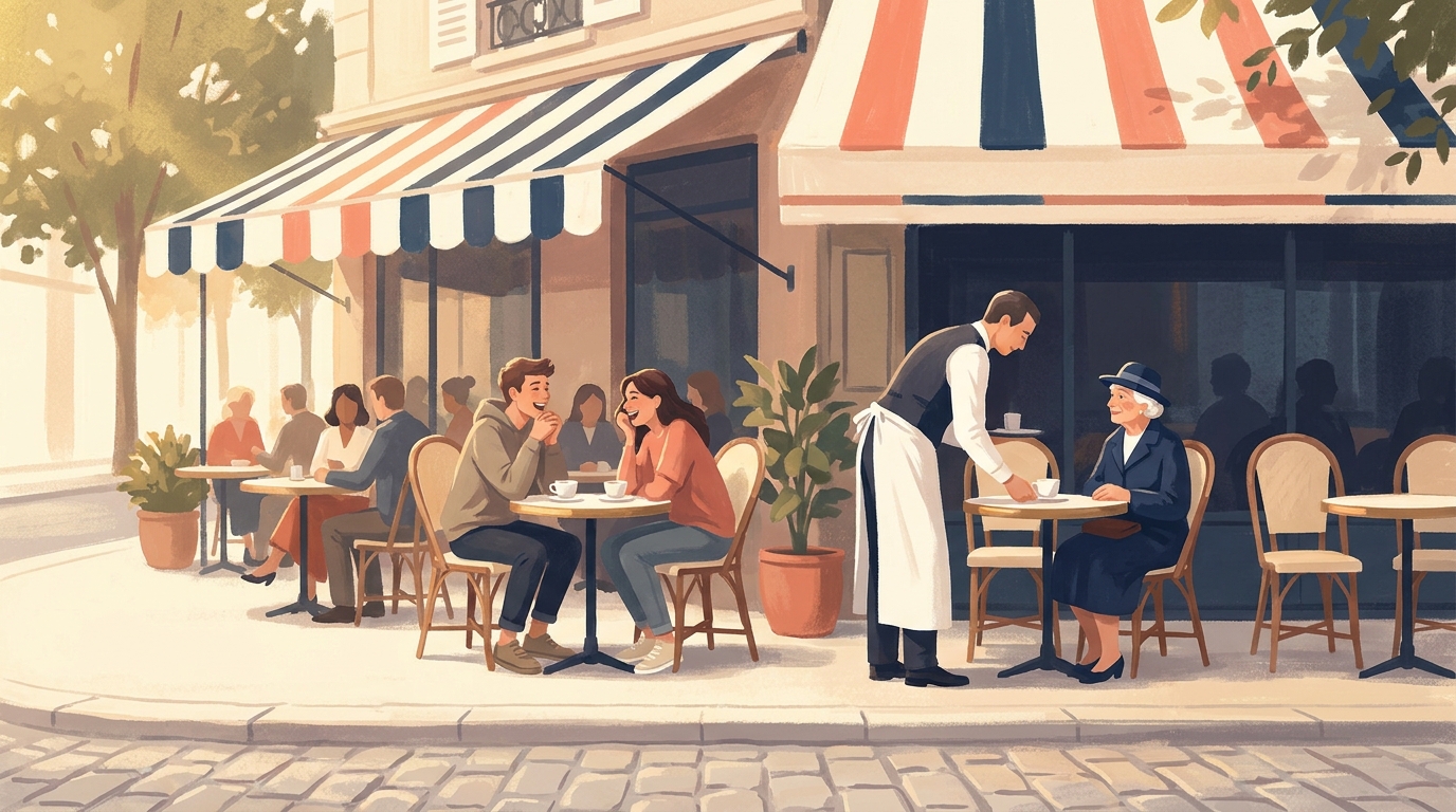 A Parisian café terrace under striped awnings, where two young friends laugh together over coffee at one table while a waiter in a long white apron leans in politely to serve an older woman in a navy coat and hat at the next.