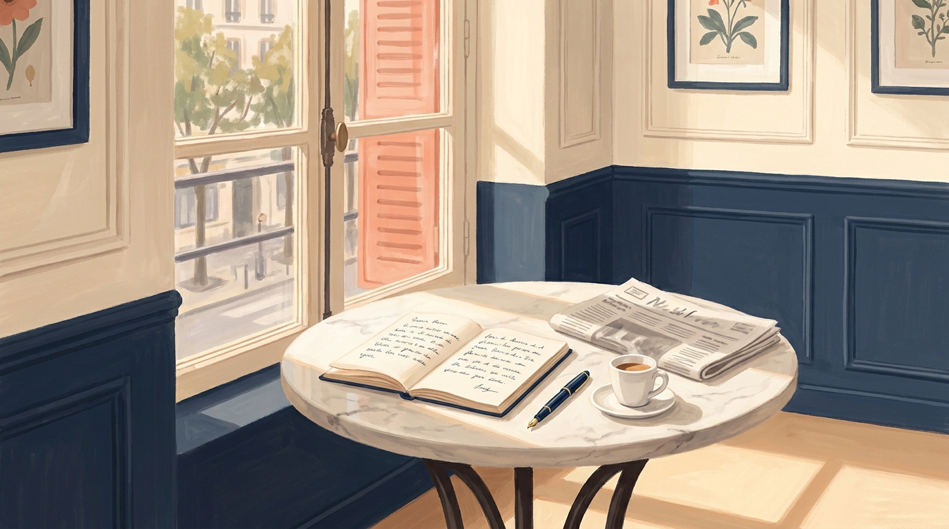 A round marble café table beside a tall window, holding an open handwritten notebook, a navy fountain pen, an espresso cup and a folded newspaper, with navy panelling on the wall and coral shutters on the street outside.