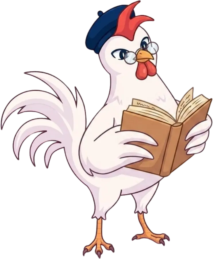 Gallus, the Gallus French mascot, reading a book