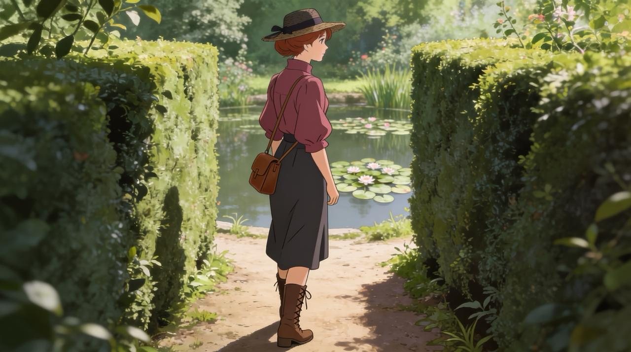 A young woman in a straw hat walking between tall hedges beside a water-lily pond