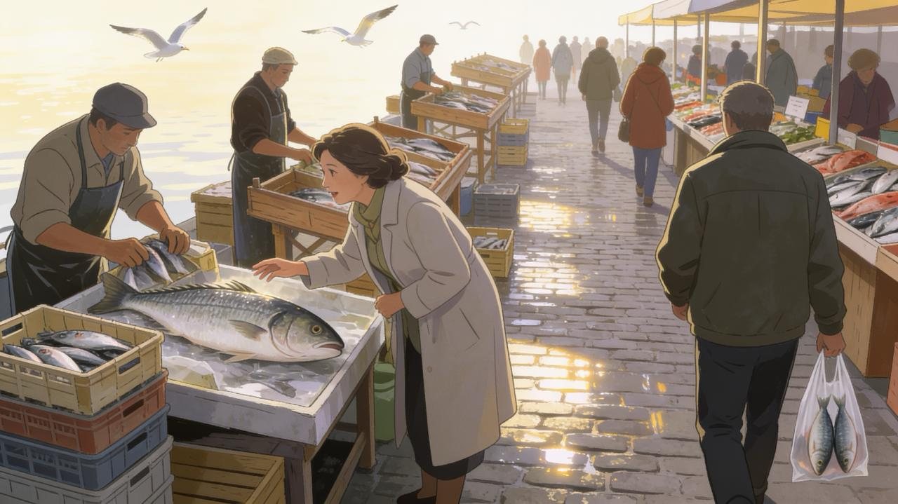 A quayside fish market at dawn, a customer choosing a fish from the stall
