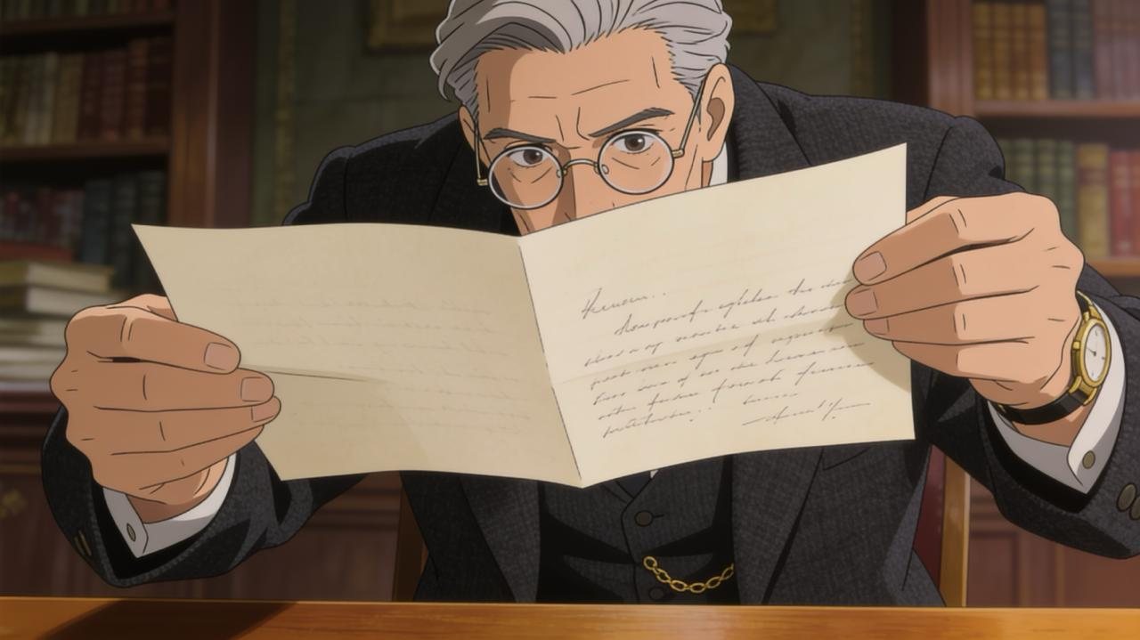 An elderly museum director in a book-lined office holding an open handwritten letter