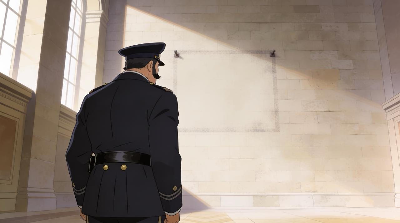 The same attendant seen from behind, facing a bare wall where a painting used to hang