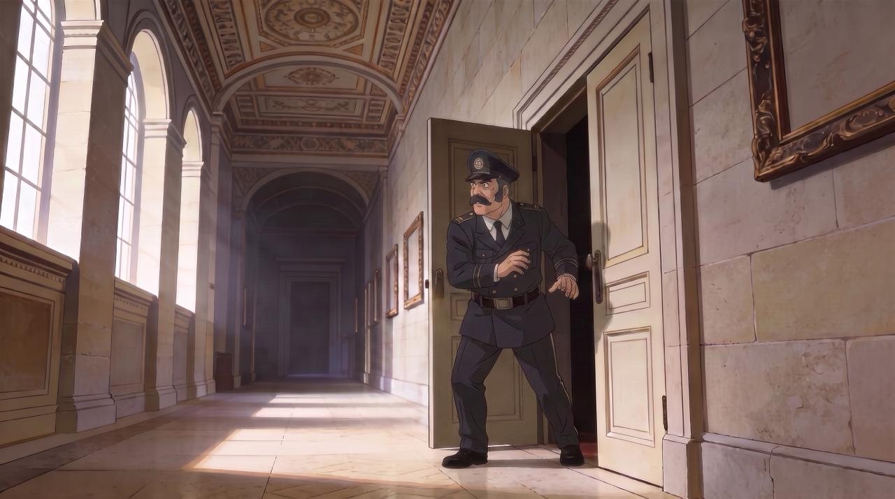 A museum attendant in uniform pushing open a tall door onto a sunlit gallery