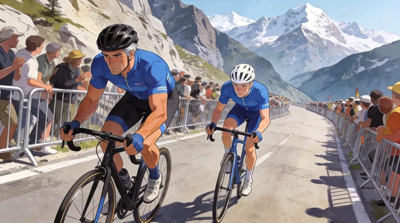 Two cyclists climbing a mountain road lined with spectators, snowy peaks behind